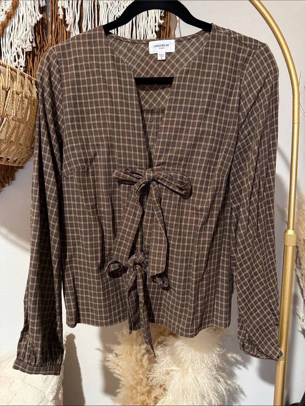 AnnieWear Brown Plaid Tie-Front Long Sleeve Blouse